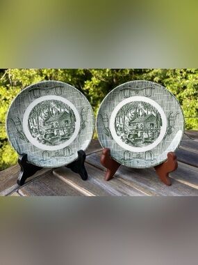 Vintage Royal China Currier & Ives Green Transferware 6” Plates - Set of 2